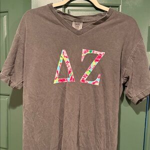 Gray V-Neck T-Shirt with Colorful Letters